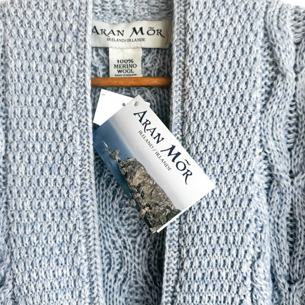 Aran Mor Merino Wool Cable Knit Blue Open Front Cardigan XL - Picture 4 of 6